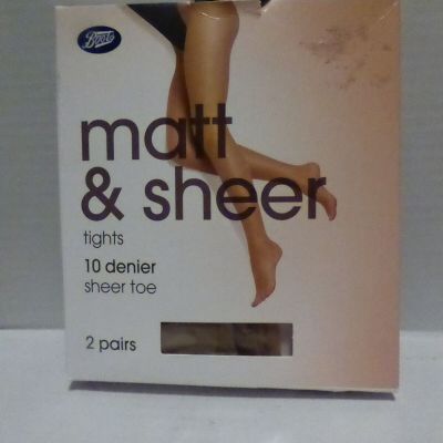 2 Pair BOOTS Matt & Sheer Tights 10 Den, Sheer Toe, Nude Size S
